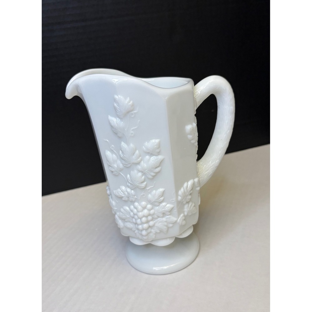 Mid-Century Westmoreland Milk Glass Water Pitcher Embossed Paneled Grape
